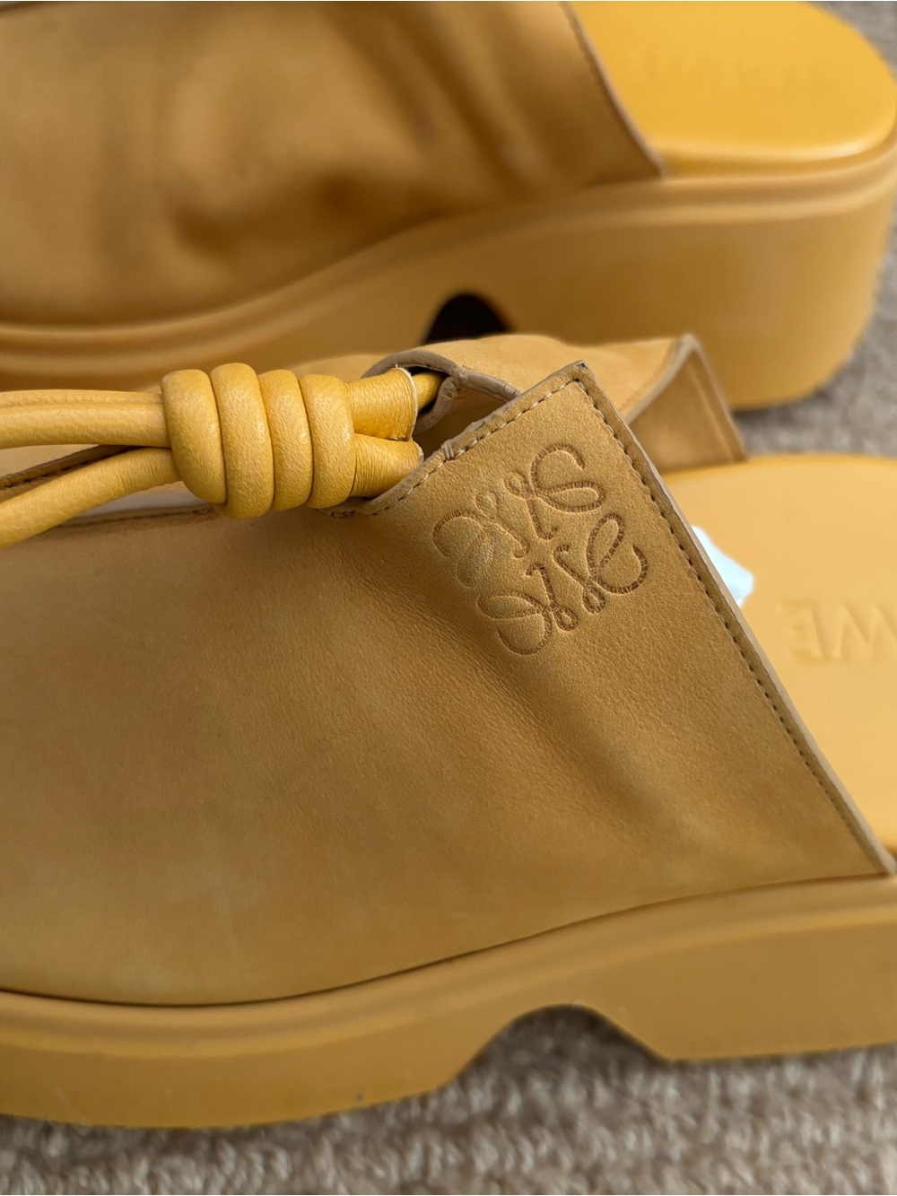 Loewe Mustard Yellow Flamenco Knot Leather Platform Slide Sandals - Picture 7 of 9